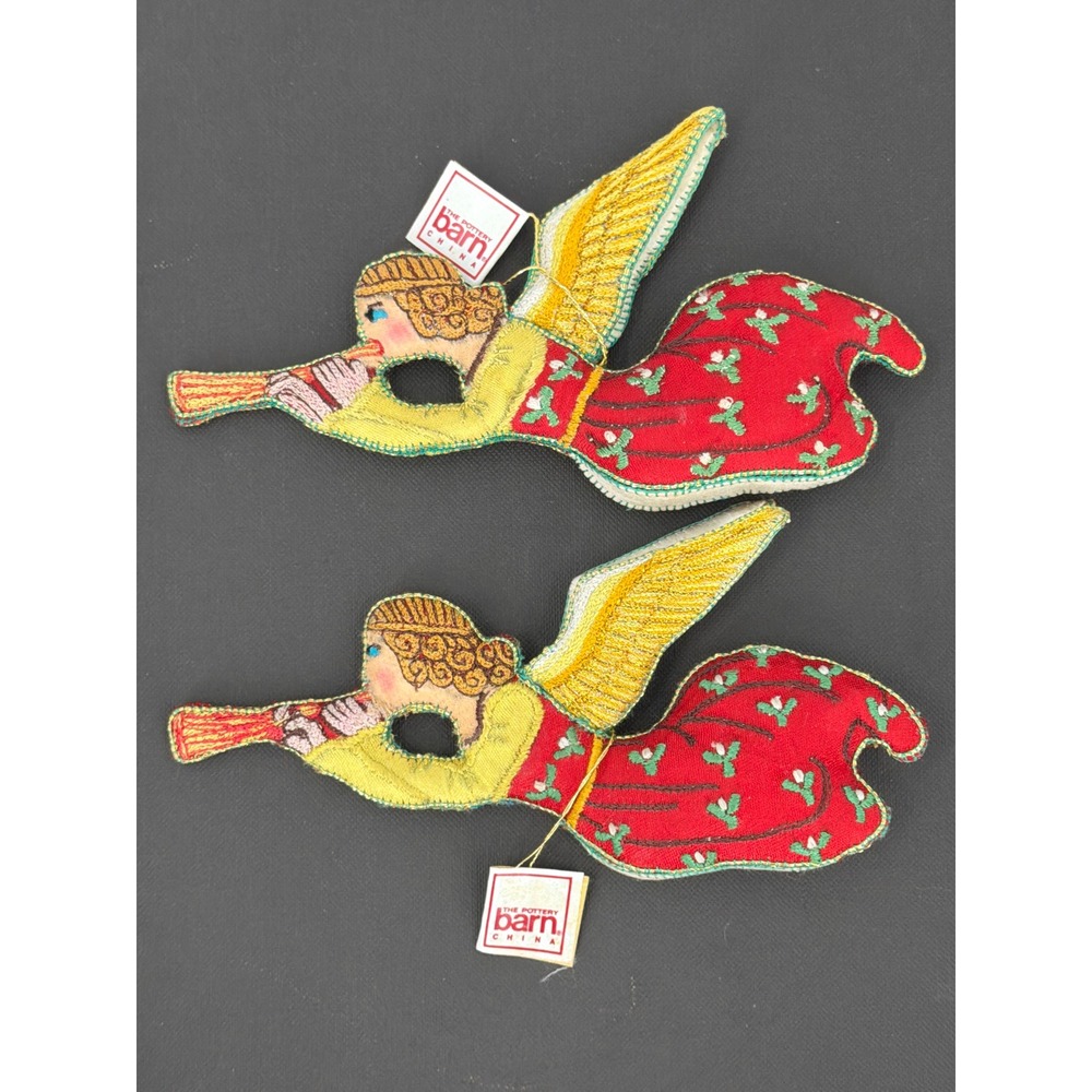 Pottery Barn Vintage Christmas Angel Ornaments Red Gold Embroidered Fabric Set 2